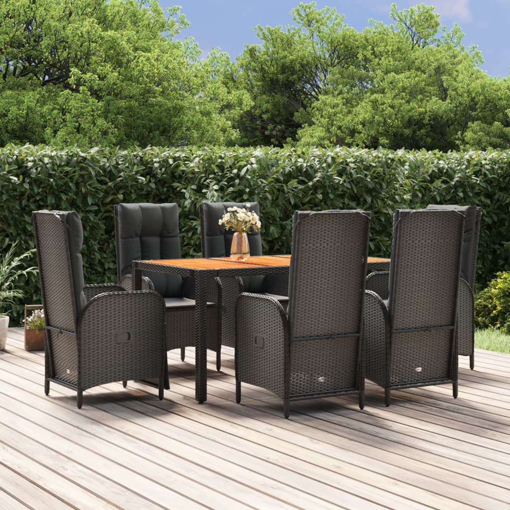 vidaXL 7 Piece Garden Dining Set with Cushions Black Poly Rattan