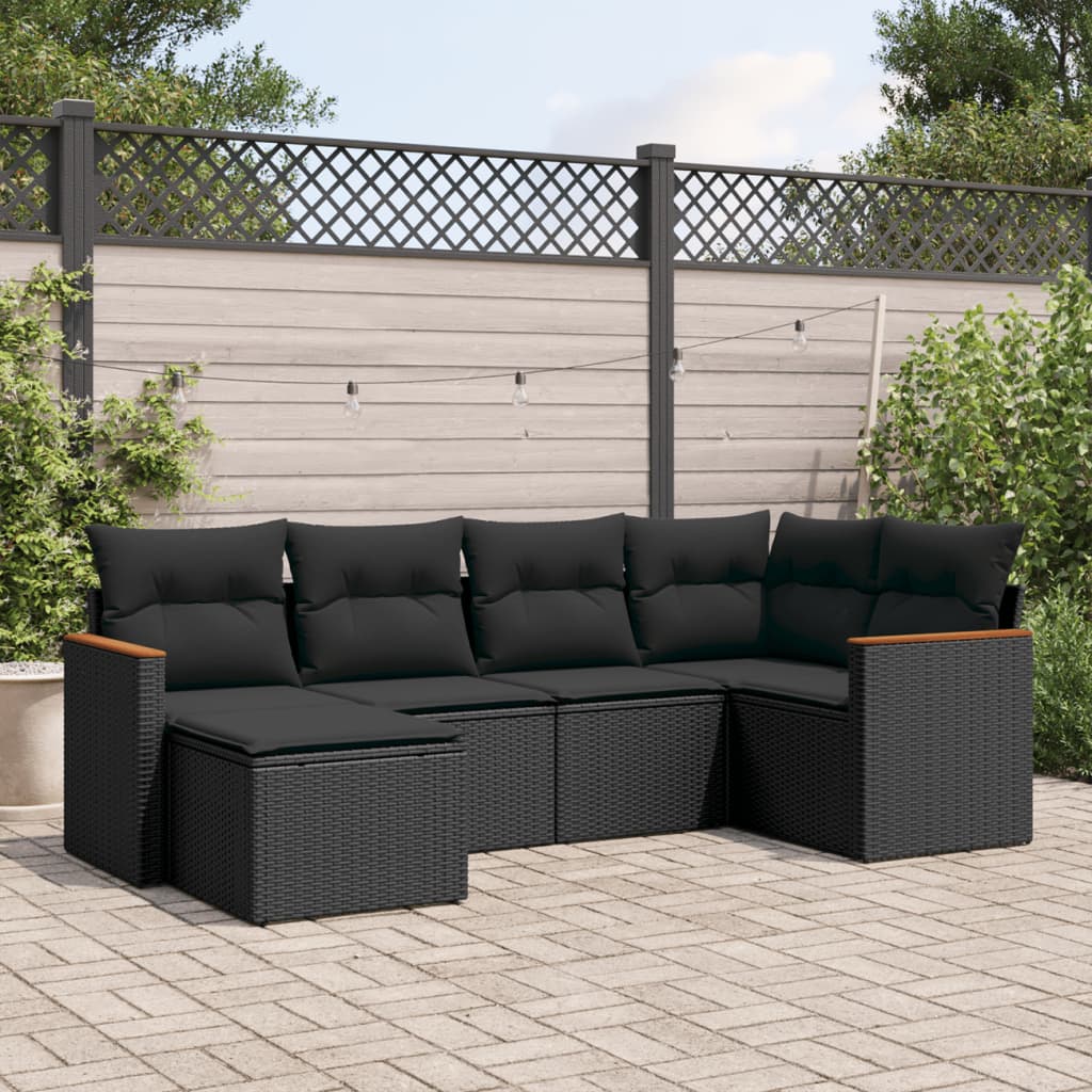 vidaXL 6 Piece Garden Sofa Set with Cushions Black Poly Rattan