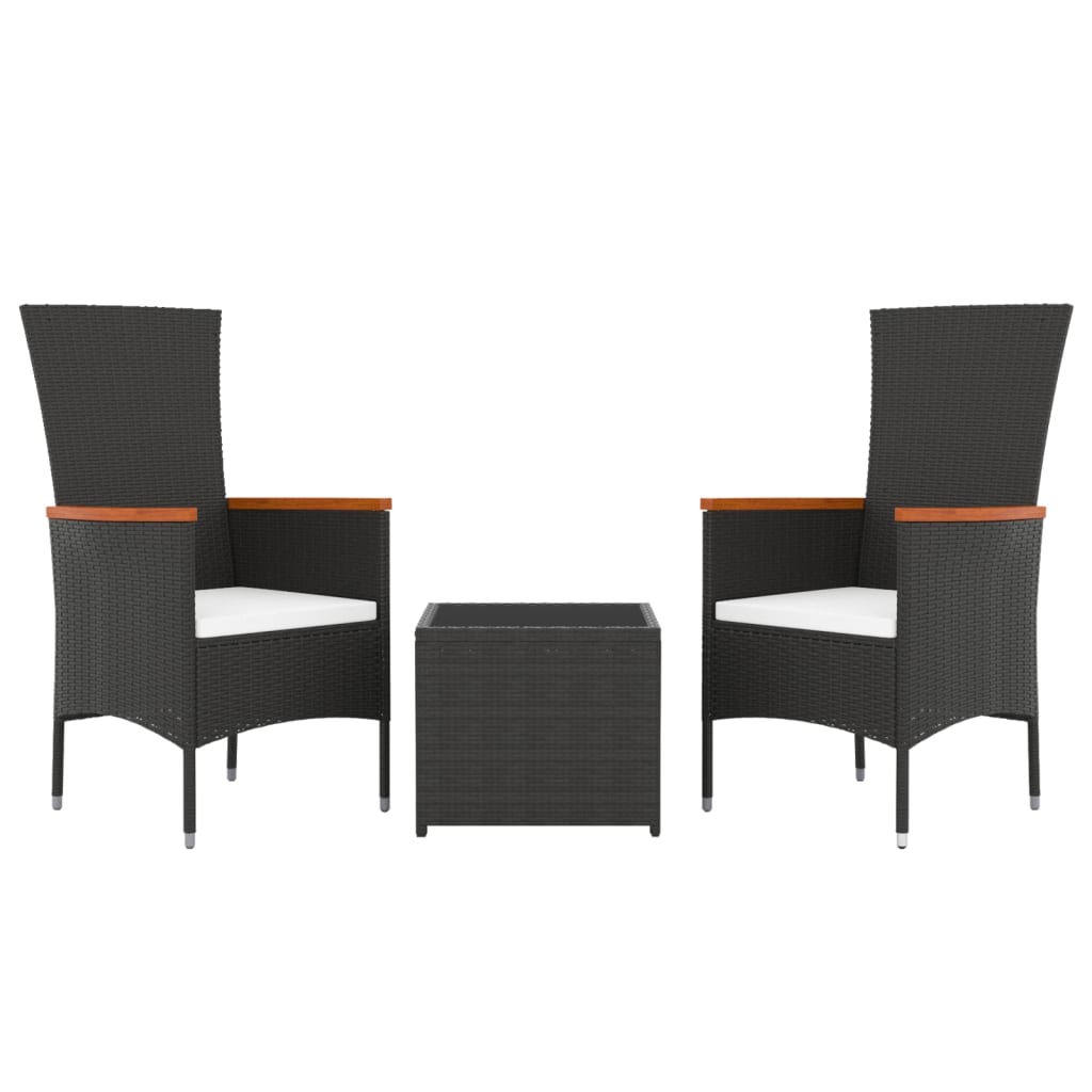 vidaXL 3 Piece Garden Lounge Set Black Poly Rattan&Steel