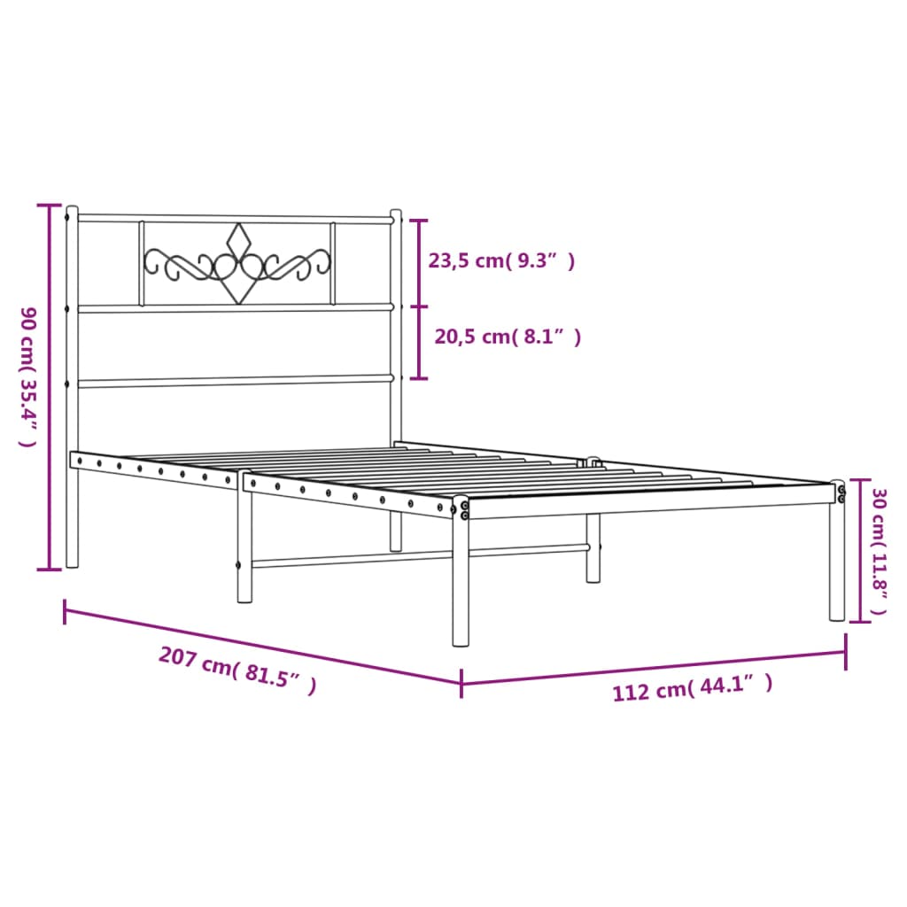 vidaXL Metal Bed Frame without Mattress with Headboard White 107x203 cm