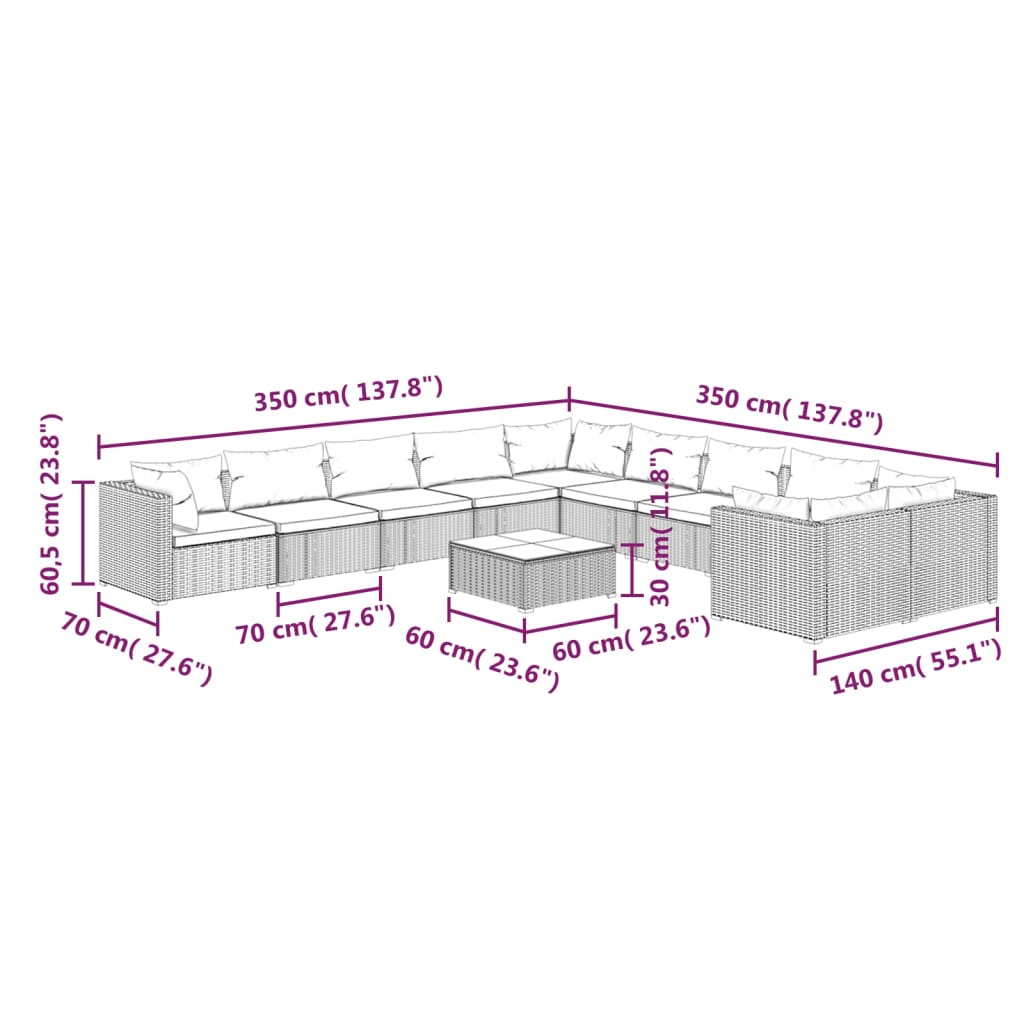 vidaXL 11 Piece Garden Lounge Set with Cushions Poly Rattan Black