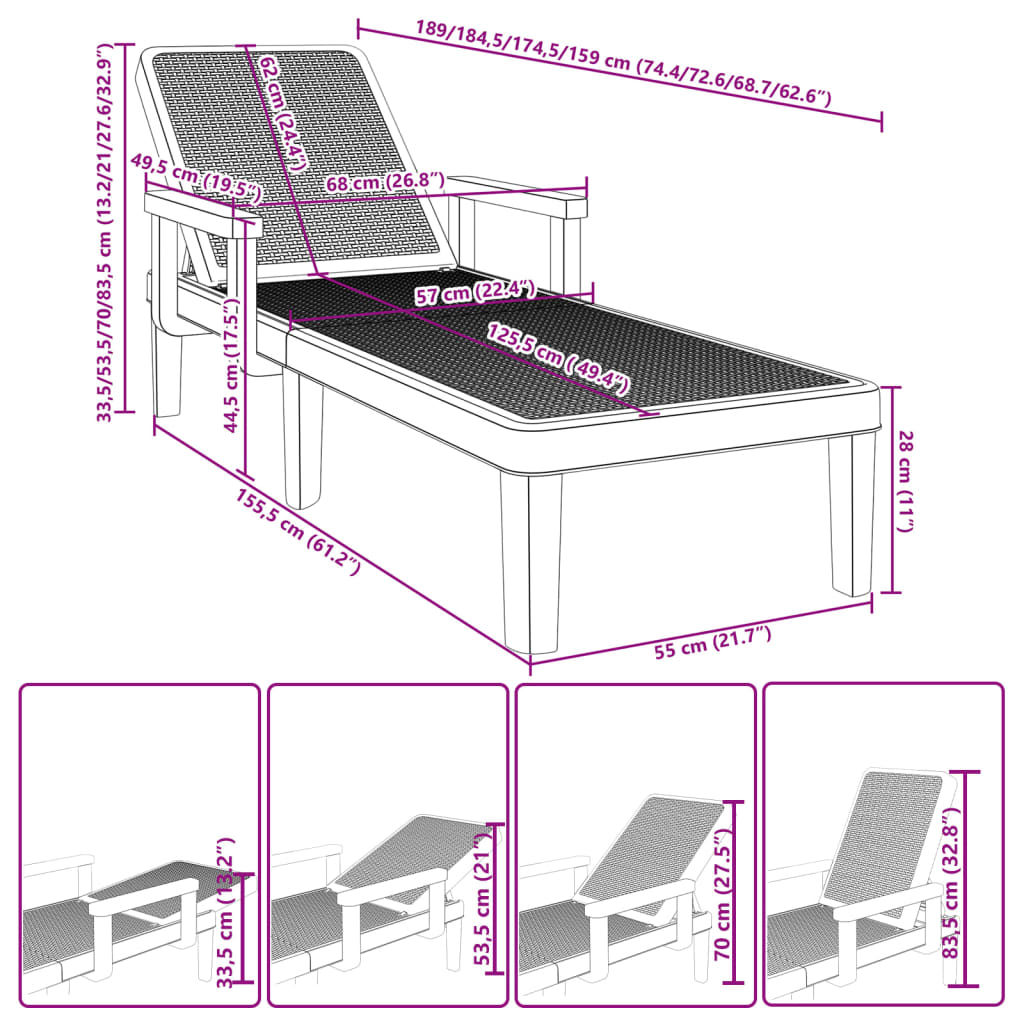 vidaXL 4-Way Height Adjustable Sun Lounger 155.5x57x28 cm Polypropylene