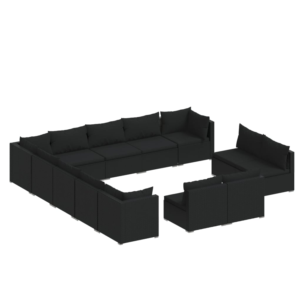 vidaXL 13 Piece Garden Lounge Set with Cushions Black Poly Rattan