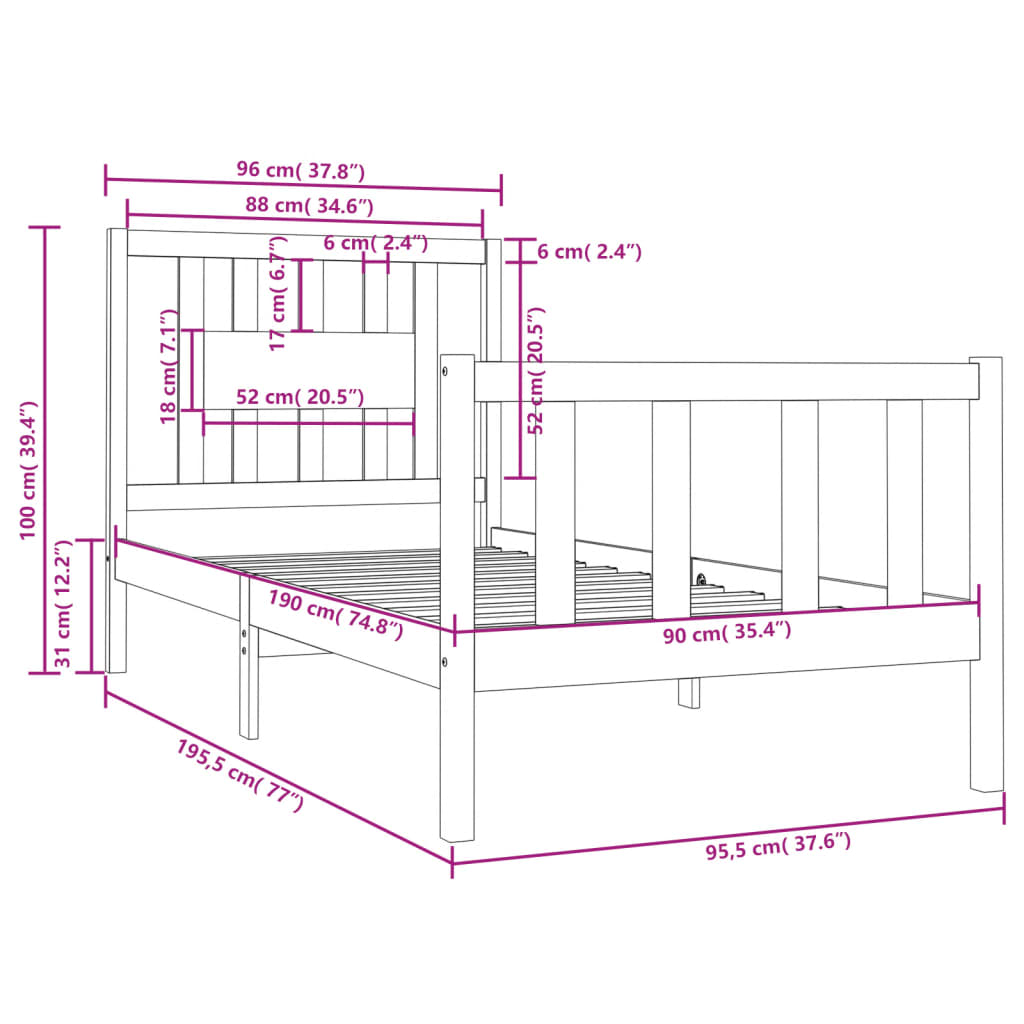 vidaXL Bed Frame without Mattress Black 90x190 cm Single Solid Wood