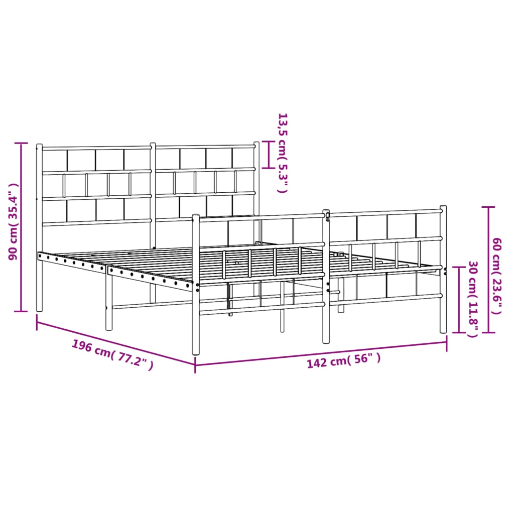 vidaXL Metal Bed Frame without Mattress with Footboard White 135x190 cm Double