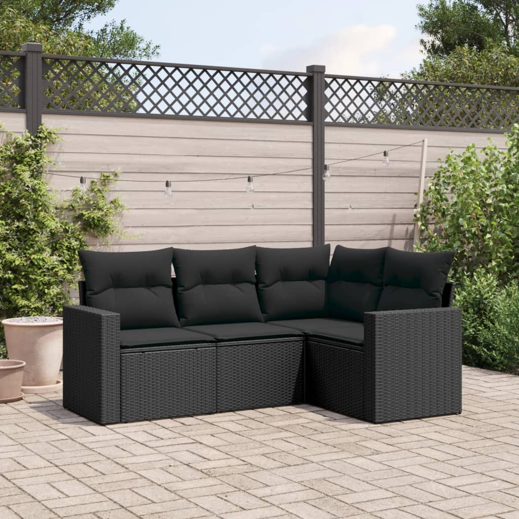 vidaXL 4 Piece Garden Sofa Set with Cushions Black Poly Rattan