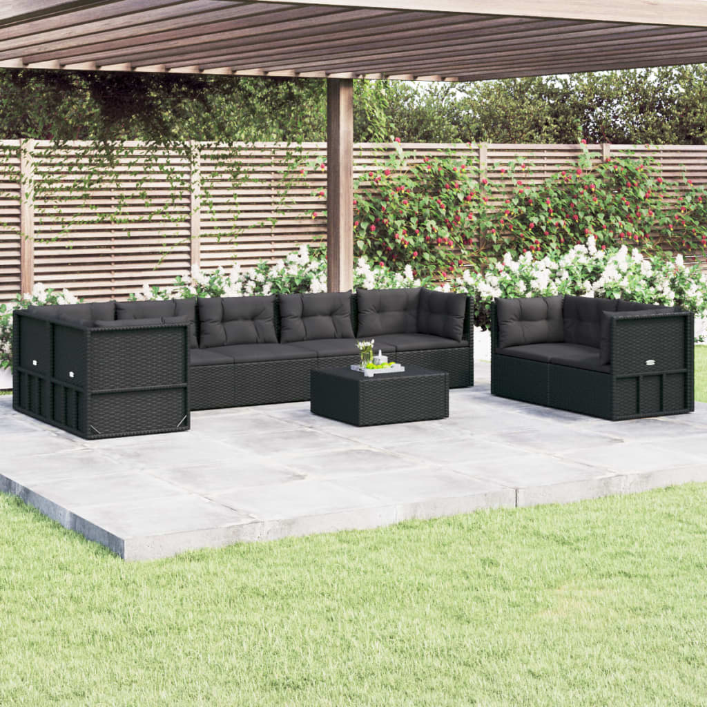 vidaXL 8 Piece Garden Lounge Set with Cushions Black Poly Rattan