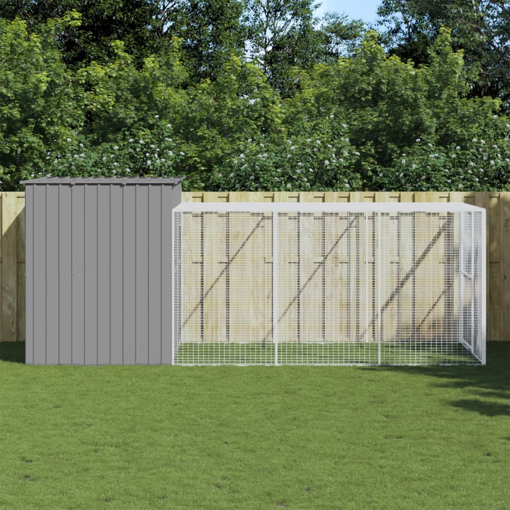 vidaXL Dog House with Run Light Grey 214x457x181 cm Galvanised Steel