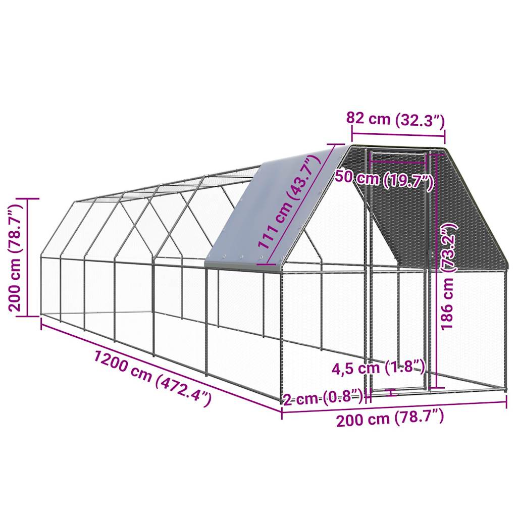 vidaXL Chicken Cage 2x12x2 m Galvanised Steel