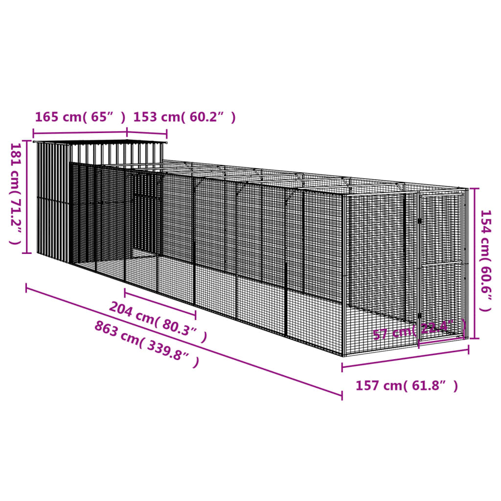 vidaXL Dog House with Run Light Grey 165x863x181 cm Galvanised Steel