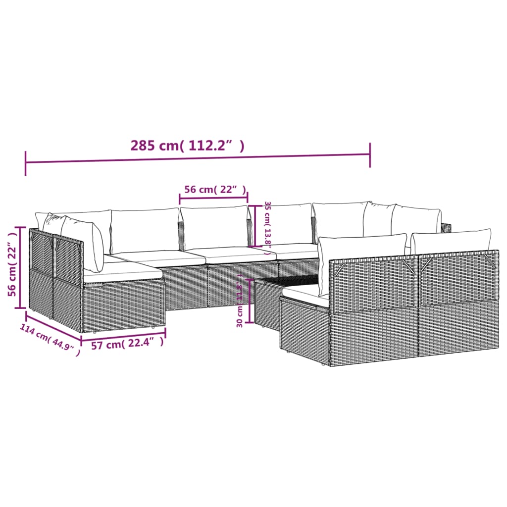 vidaXL 10 Piece Garden Lounge Set with Cushions Grey Poly Rattan