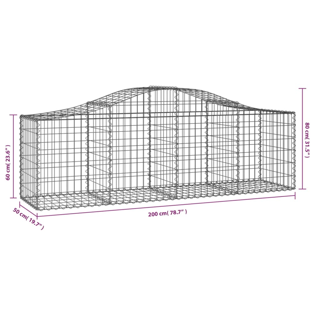 vidaXL Arched Gabion Basket 200x50x60/80 cm Galvanised Iron