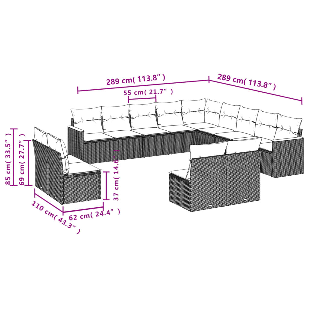 vidaXL 13 Piece Garden Sofa Set with Cushions Black Poly Rattan