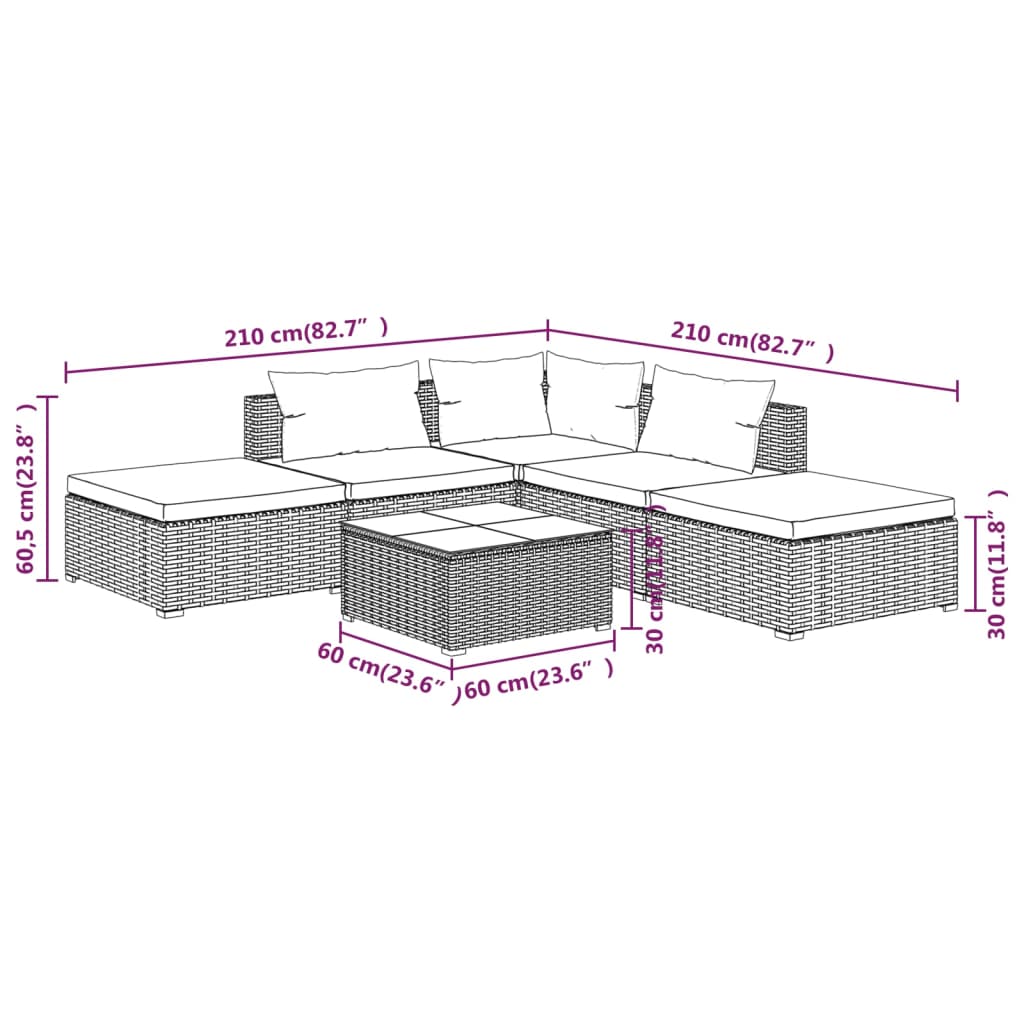 vidaXL 6 Piece Garden Lounge Set with Cushions Poly Rattan Grey