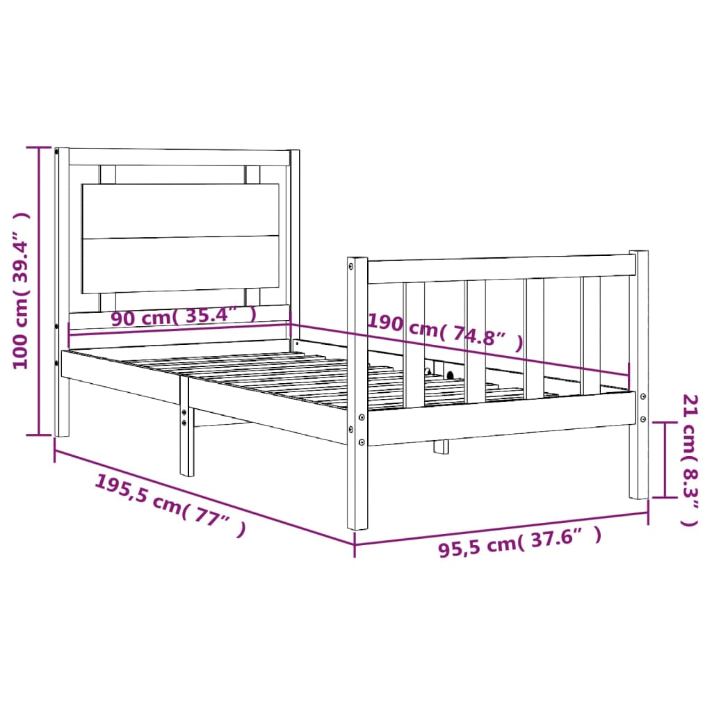 vidaXL Bed Frame without Mattress Black 90x190 cm Single Solid Wood Pine