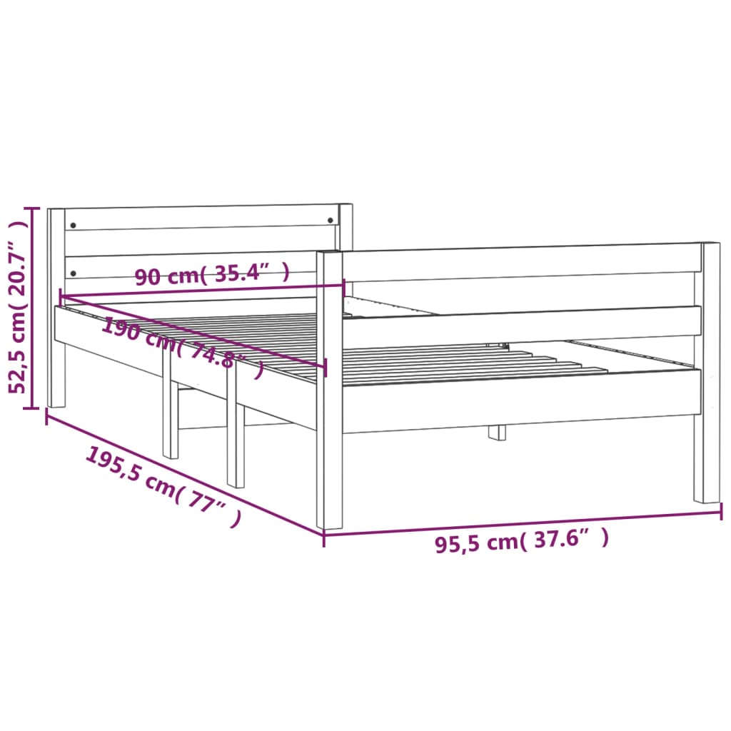 vidaXL Bed Frame without Mattress Black 90x190 cm Single Solid Wood Pine