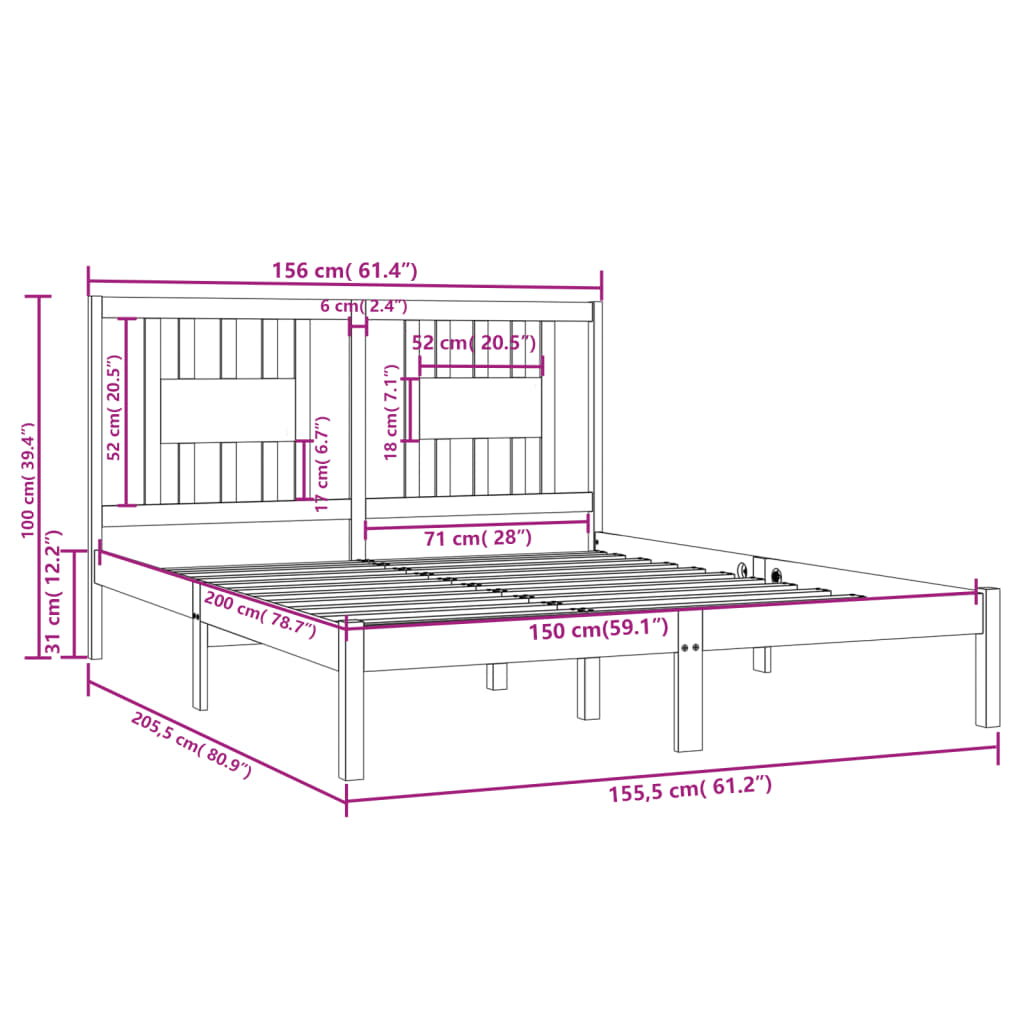 vidaXL Bed Frame without Mattress Solid Wood King Size