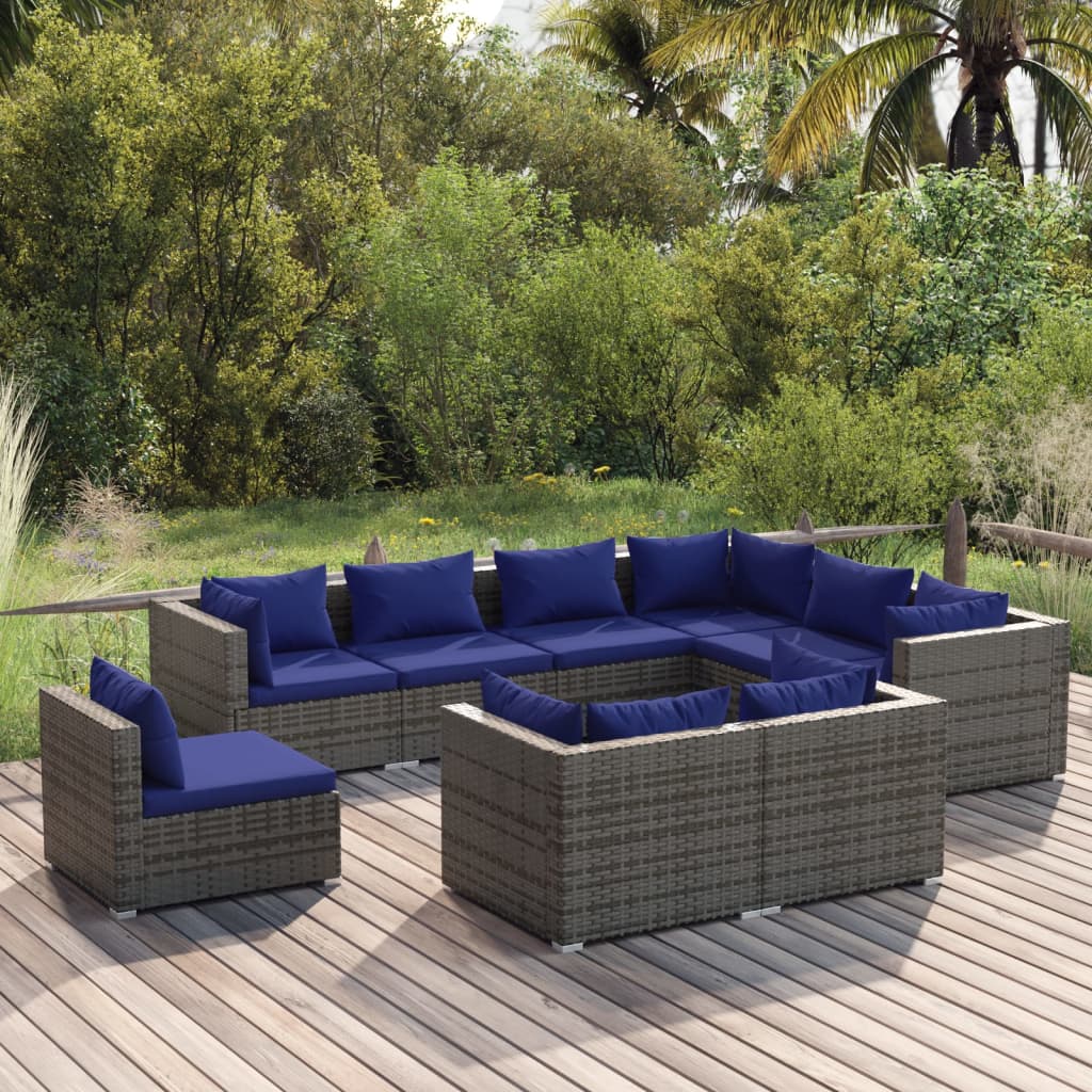 vidaXL 9 Piece Garden Lounge Set with Cushions Poly Rattan Grey