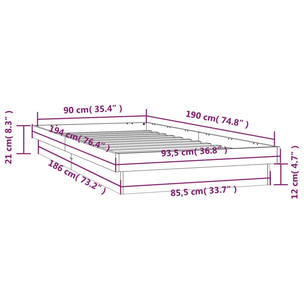 vidaXL LED Bed Frame without Mattress Single Solid Wood