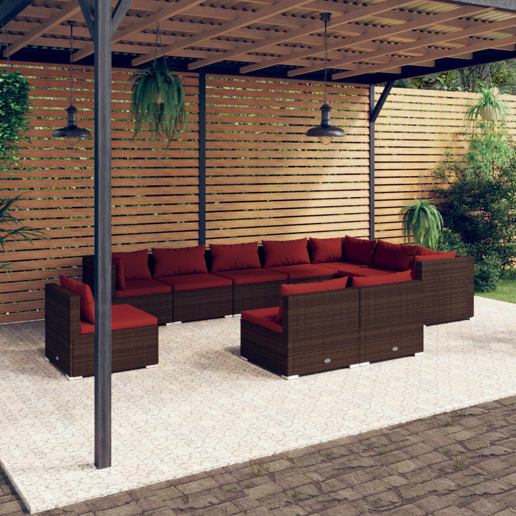 vidaXL 10 Piece Garden Lounge Set with Cushions Poly Rattan Brown