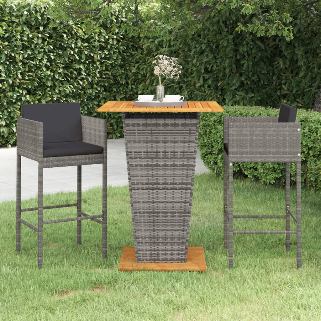 vidaXL 3 Piece Garden Bar Set with Cushions Poly Rattan Grey