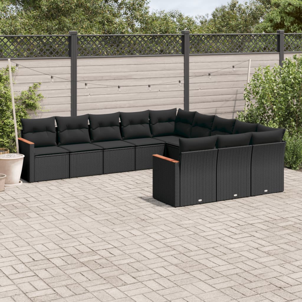 vidaXL 11 Piece Garden Sofa Set with Cushions Black Poly Rattan