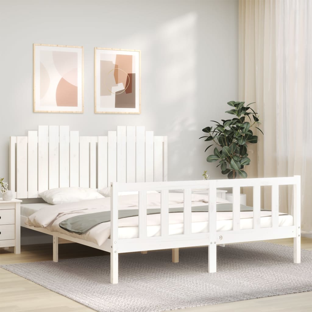 vidaXL Bed Frame with Headboard White King Size Solid Wood