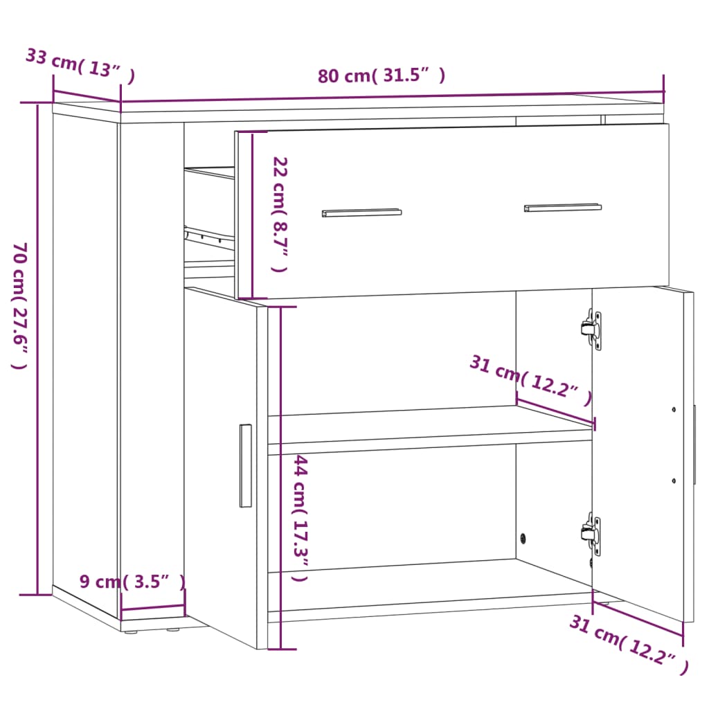 vidaXL Sideboard Sonoma Oak 80x33x70 cm Engineered Wood