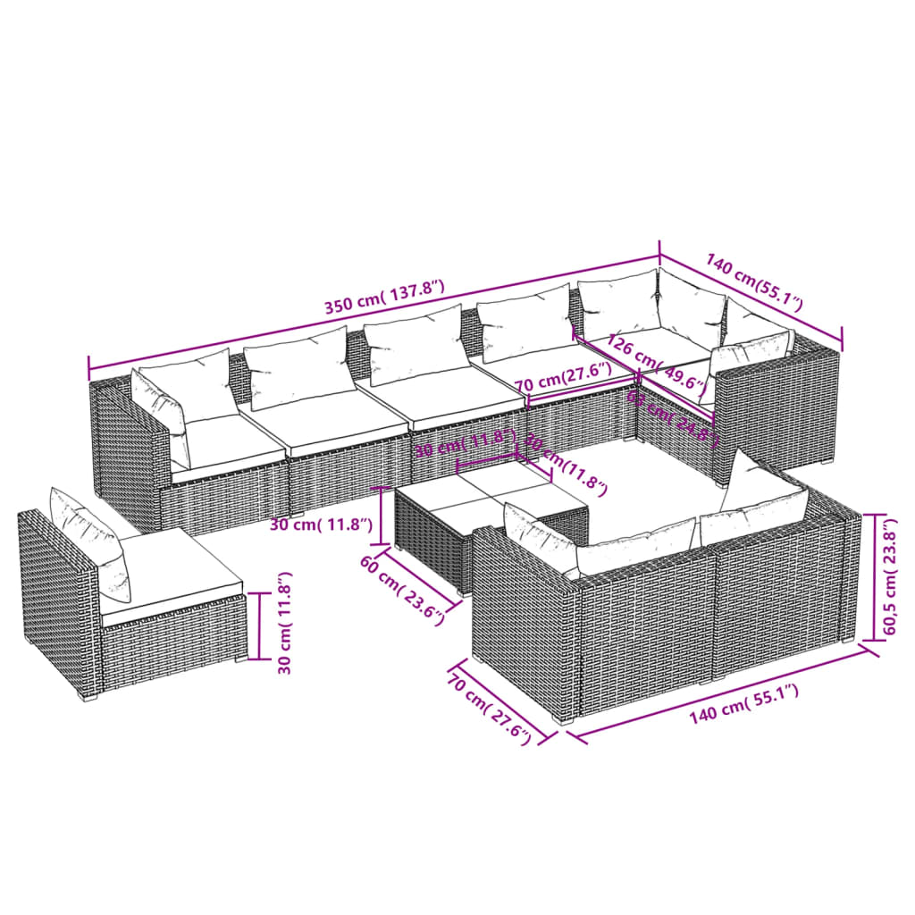 vidaXL 10 Piece Garden Lounge Set with Cushions Poly Rattan Grey