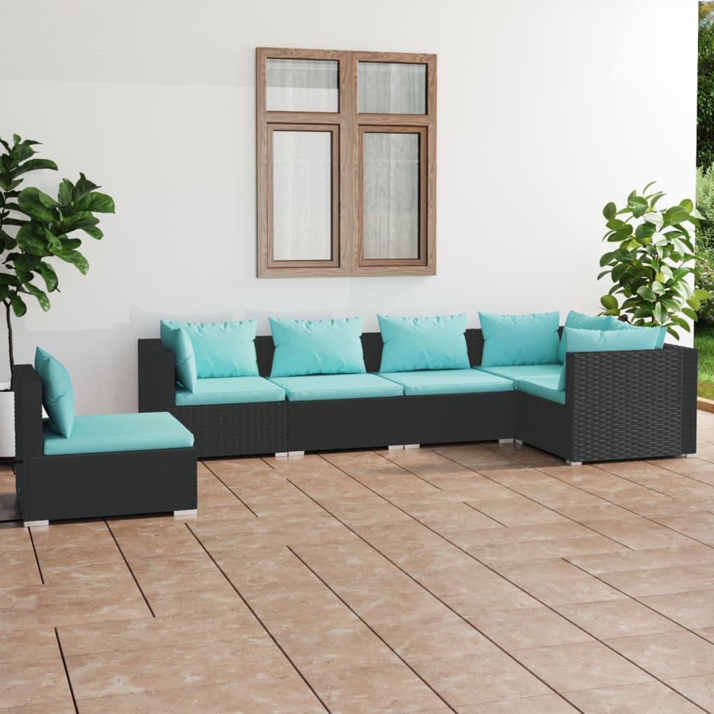 vidaXL 6 Piece Garden Lounge Set with Cushions Poly Rattan Black