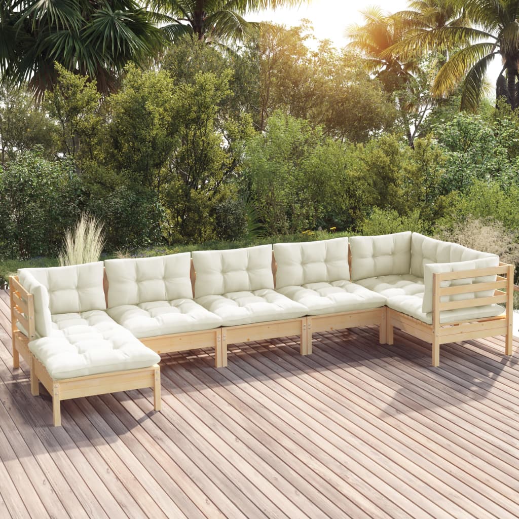 vidaXL 7 Piece Garden Lounge Set with Cream Cushions Solid Pinewood