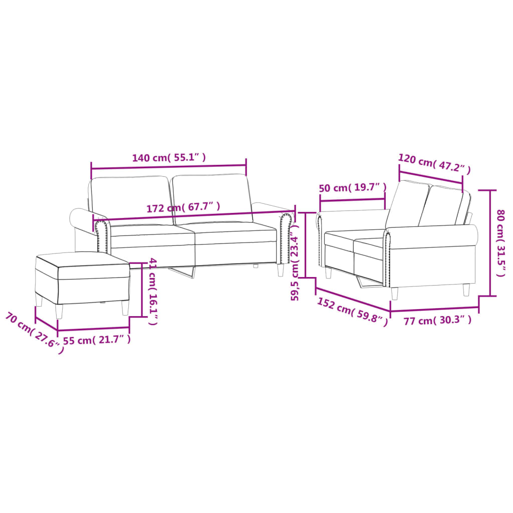 vidaXL 3 Piece Sofa Set with Cushions Light Grey Velvet