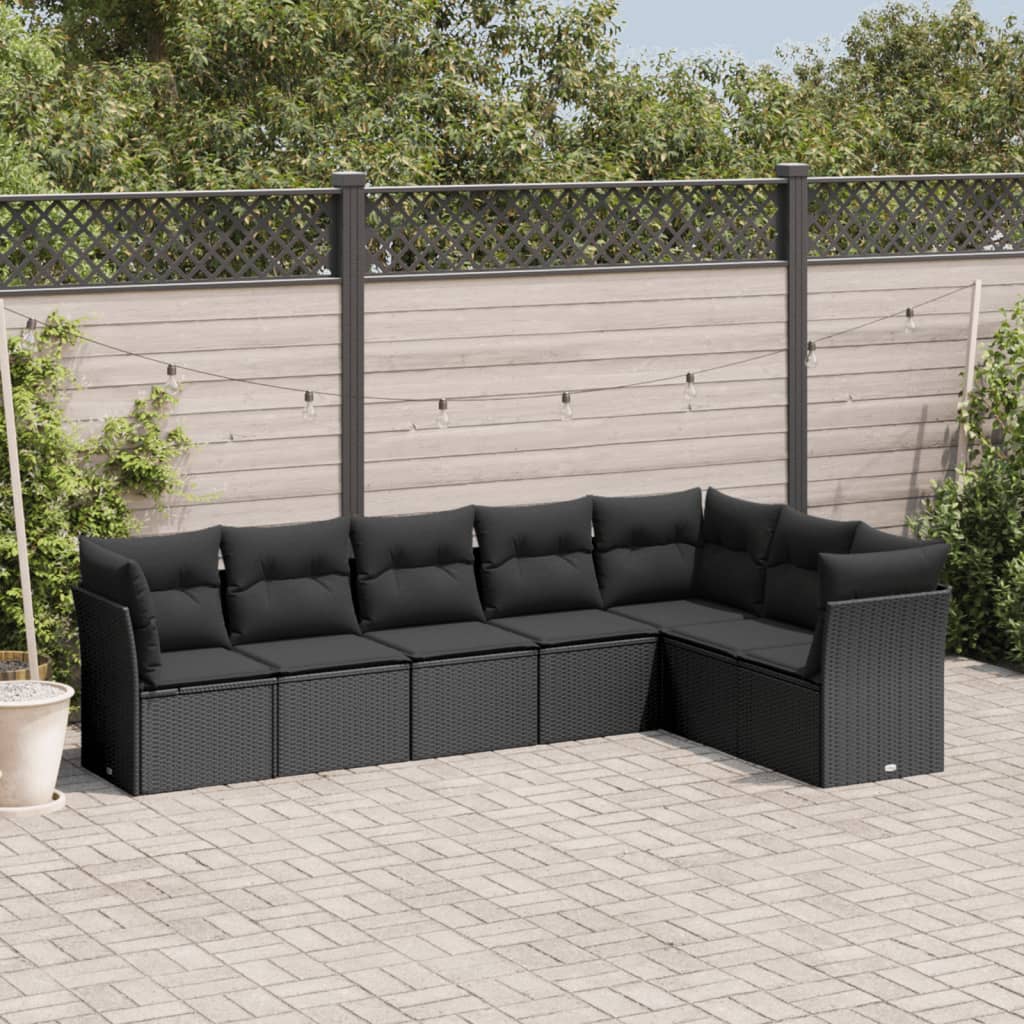 vidaXL 7 Piece Garden Sofa Set with Cushions Black Poly Rattan