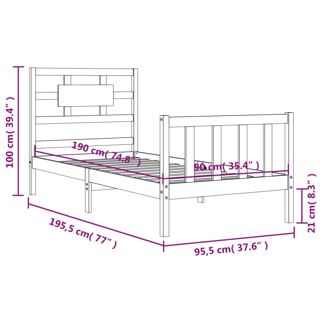 vidaXL Bed Frame with Headboard White Single Solid Wood