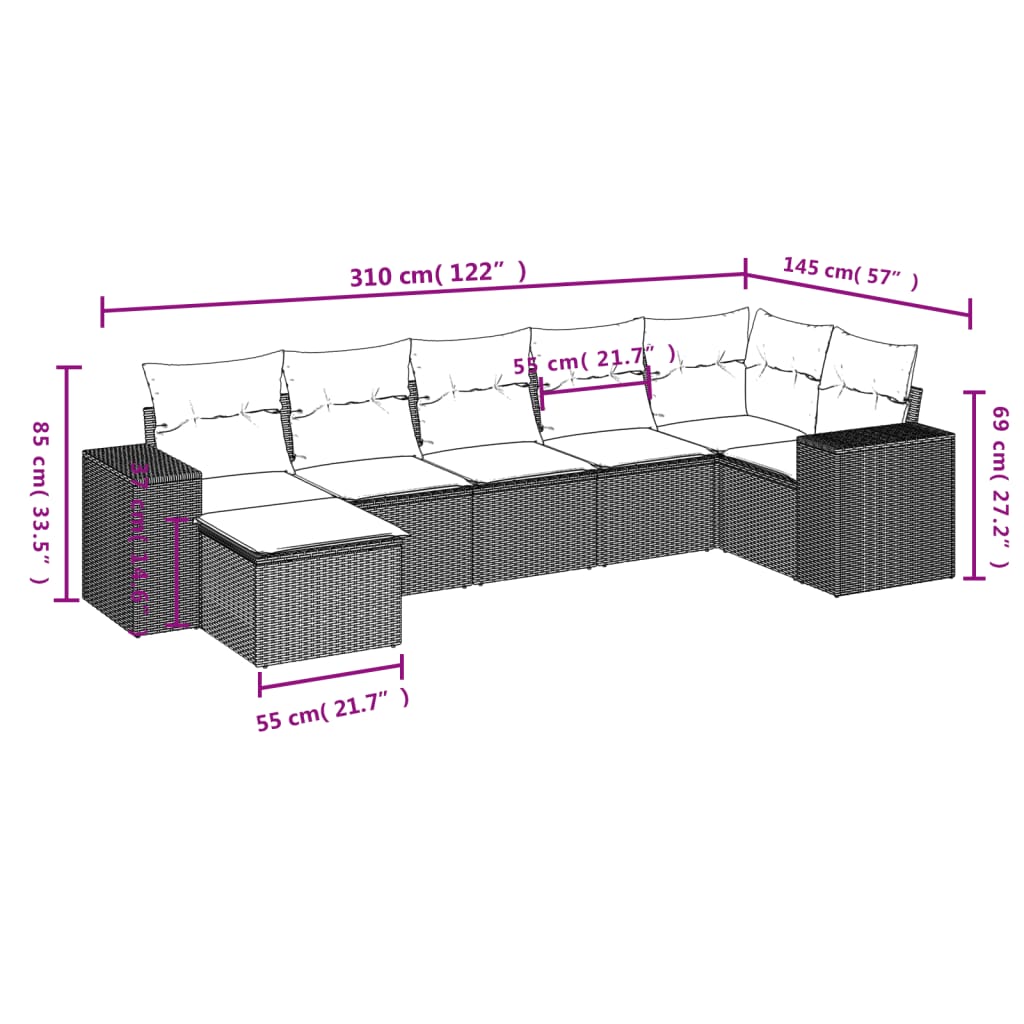 vidaXL 7 Piece Garden Sofa Set with Cushions Black Poly Rattan