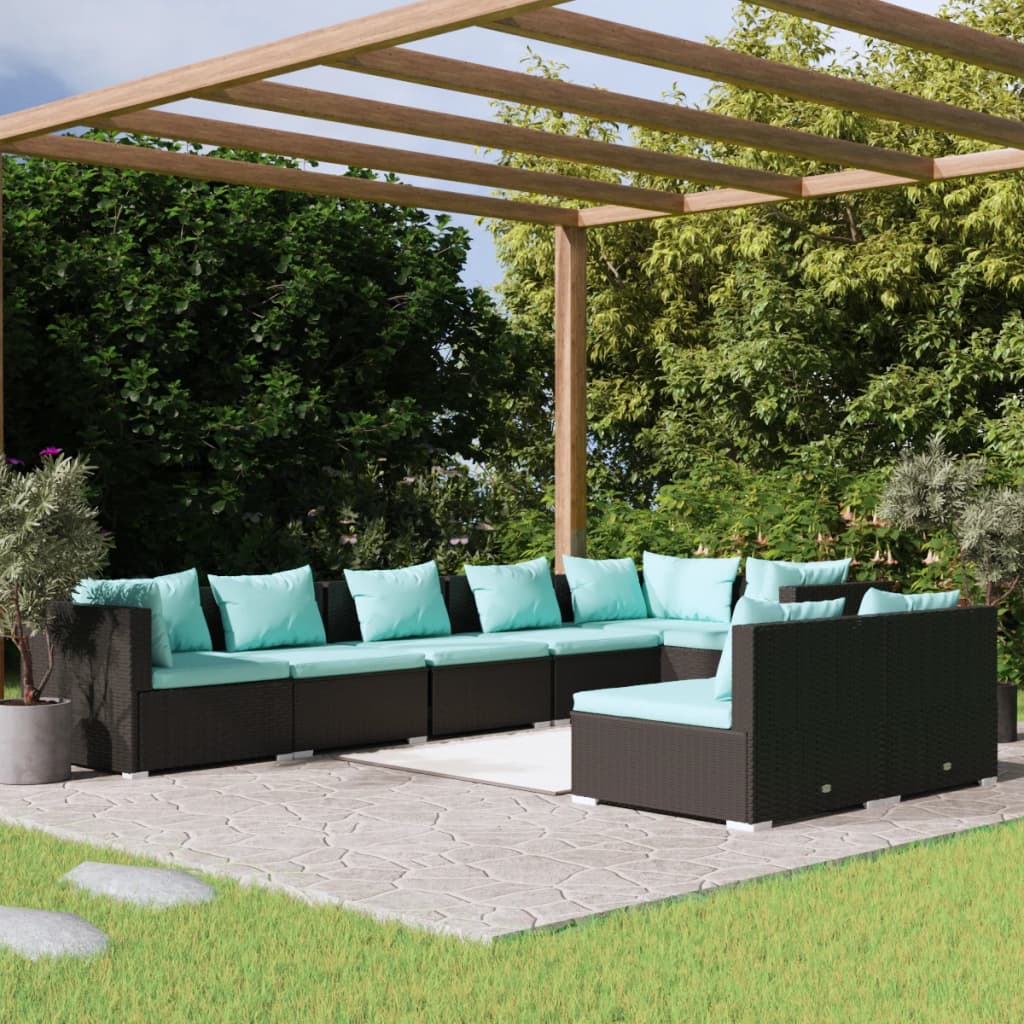 vidaXL 8 Piece Garden Lounge Set with Cushions Black Poly Rattan