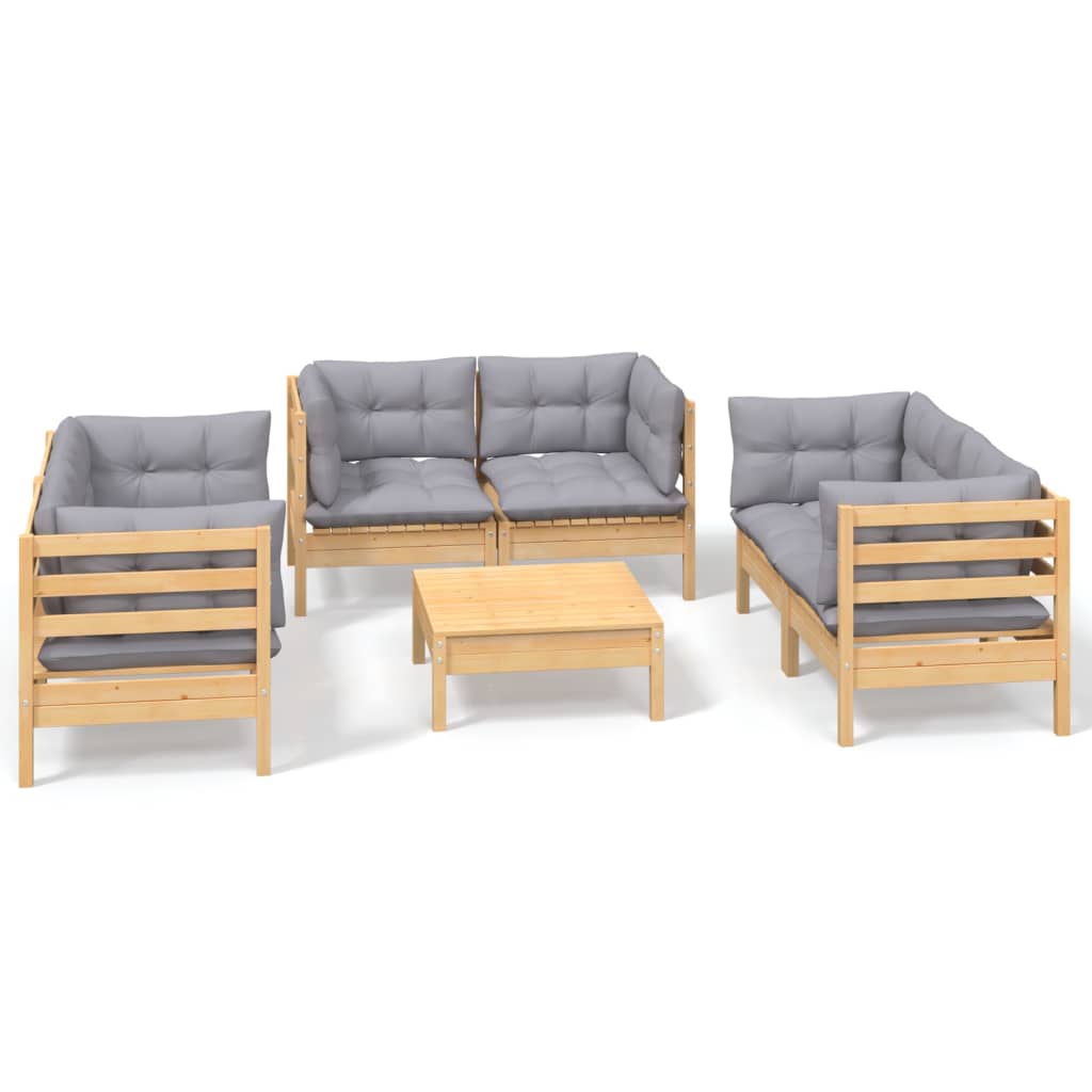 vidaXL 7 Piece Garden Lounge Set with Grey Cushions Solid Pinewood