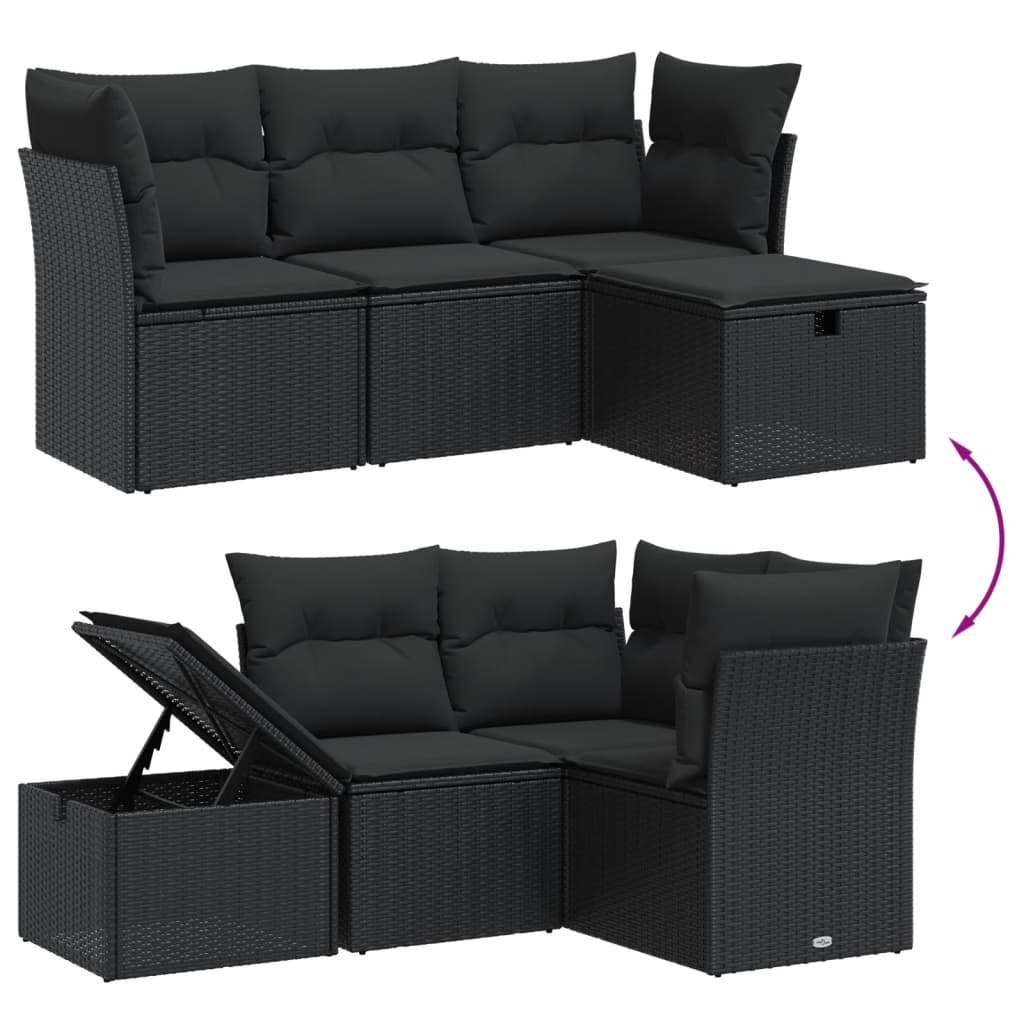 vidaXL 4 Piece Garden Sofa Set with Cushions Black Poly Rattan