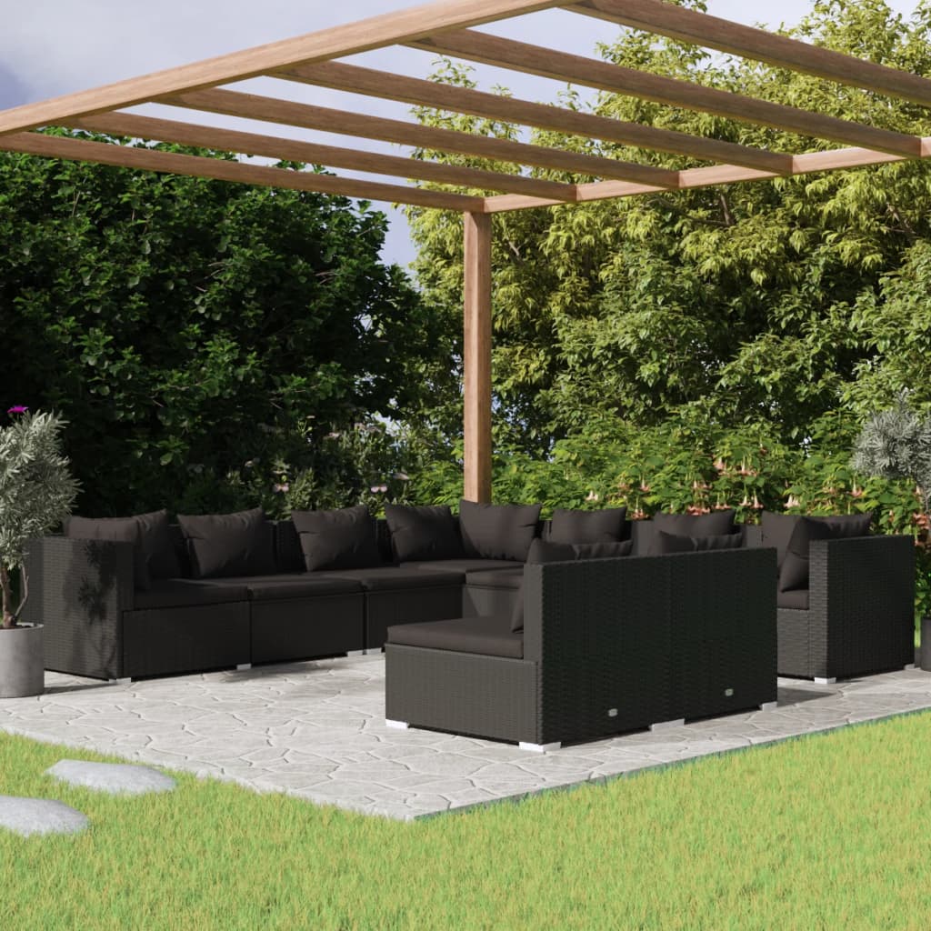 vidaXL 9 Piece Garden Lounge Set with Cushions Black Poly Rattan