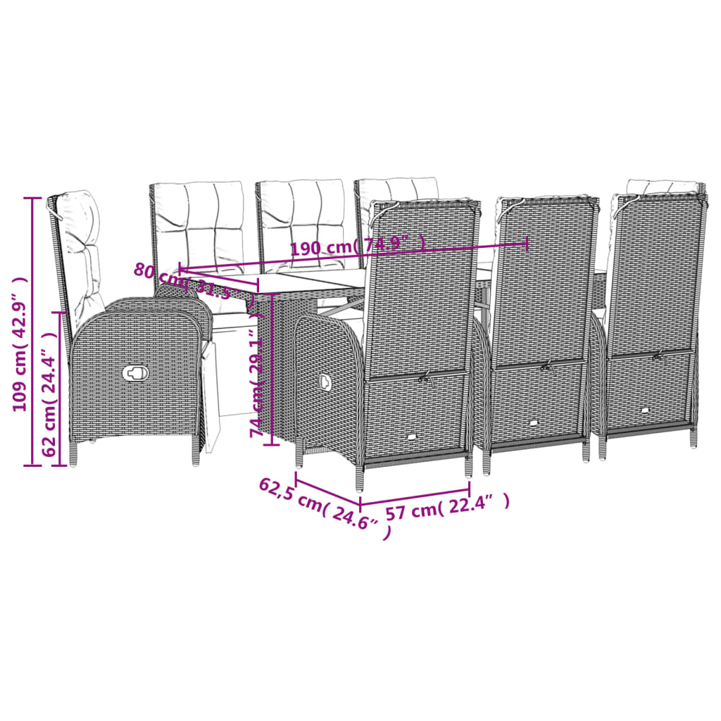 vidaXL 9 Piece Garden Dining Set with Cushions Grey Poly Rattan