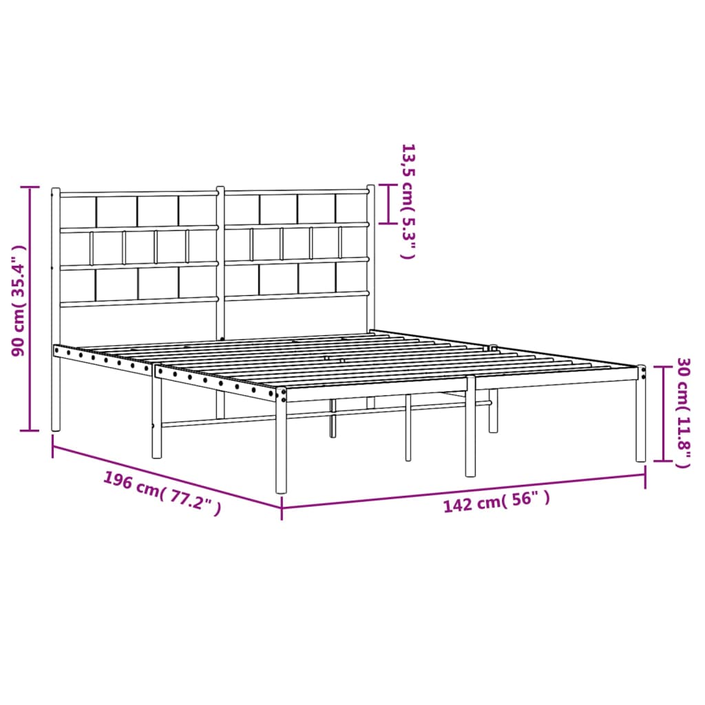 vidaXL Metal Bed Frame without Mattress with Headboard Black 135x190 cm Double