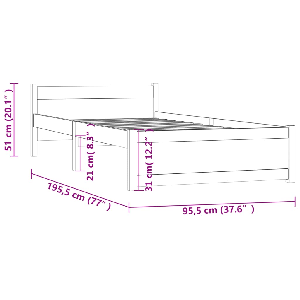 vidaXL Bed Frame Solid Wood 90x190 cm Single