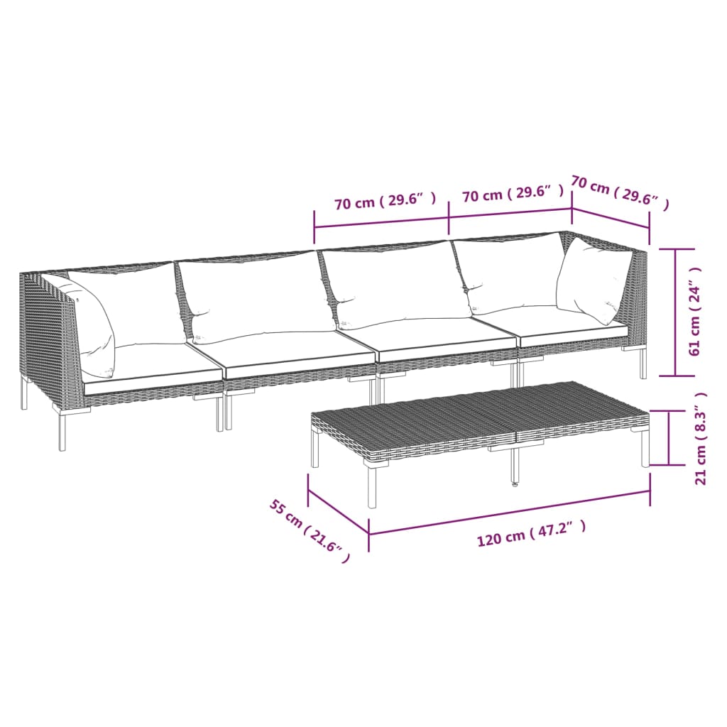 vidaXL 5 Piece Garden Lounge Set with Cushions Poly Rattan Dark Grey