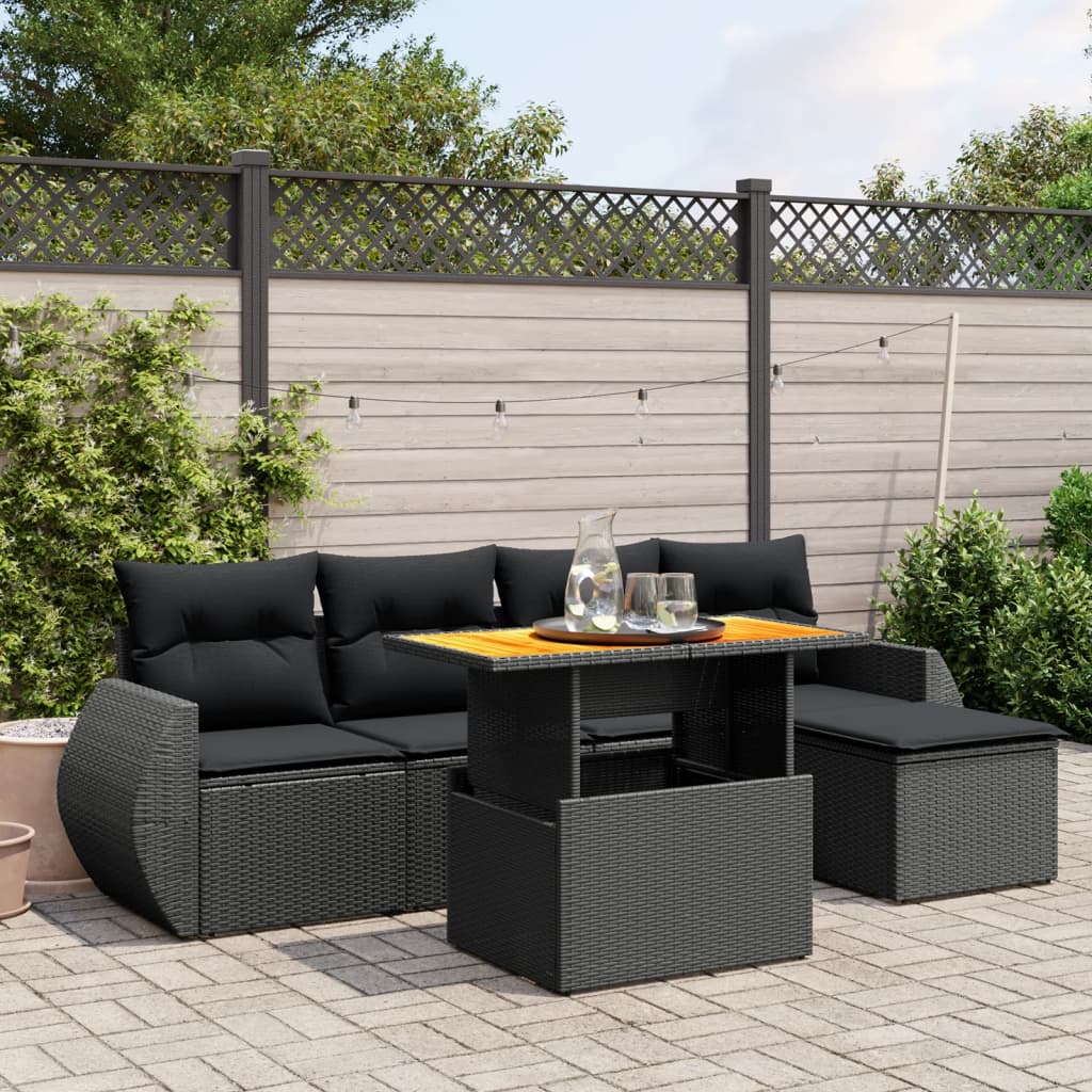 vidaXL 6 Piece Garden Sofa Set with Cushions Black Poly Rattan