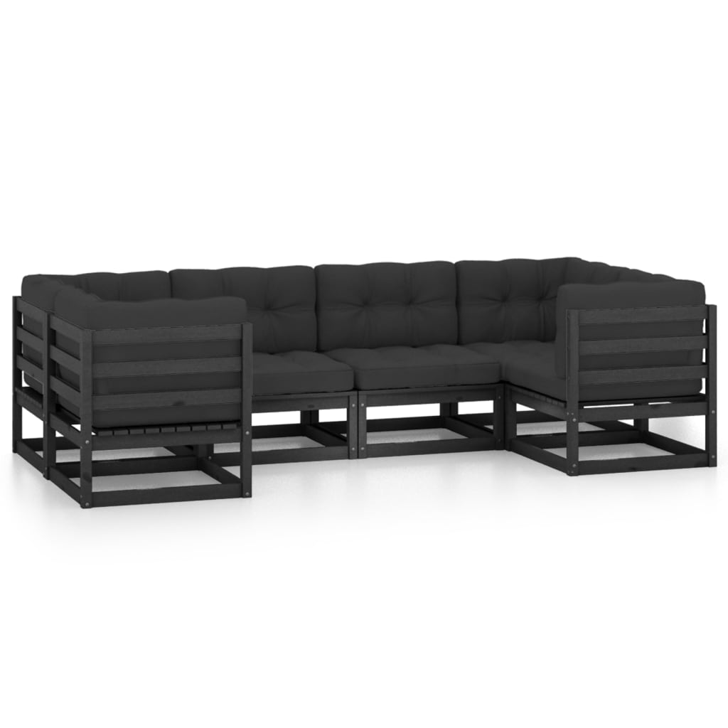 vidaXL 6 Piece Garden Lounge Set with Cushions Black Solid Pinewood