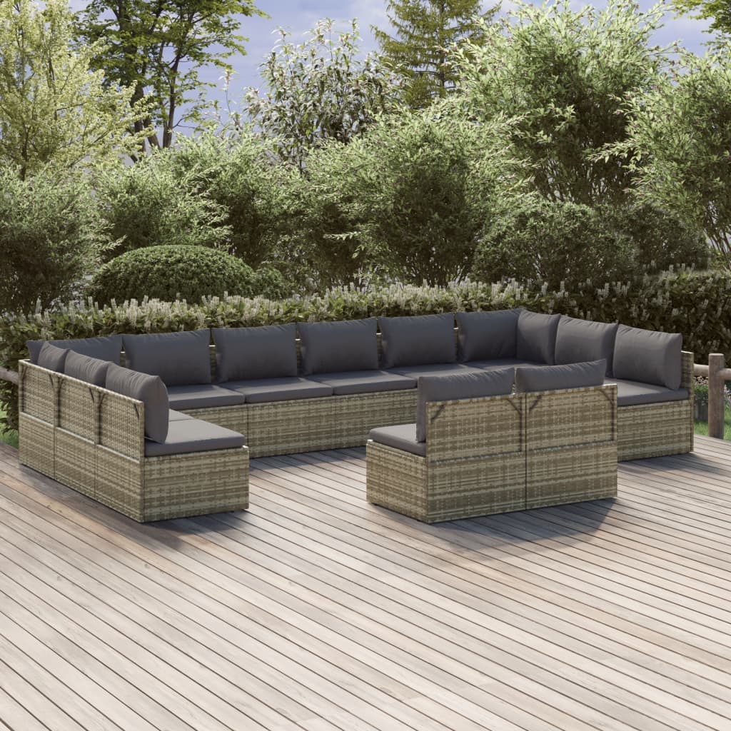 vidaXL 12 Piece Garden Lounge Set with Cushions Grey Poly Rattan