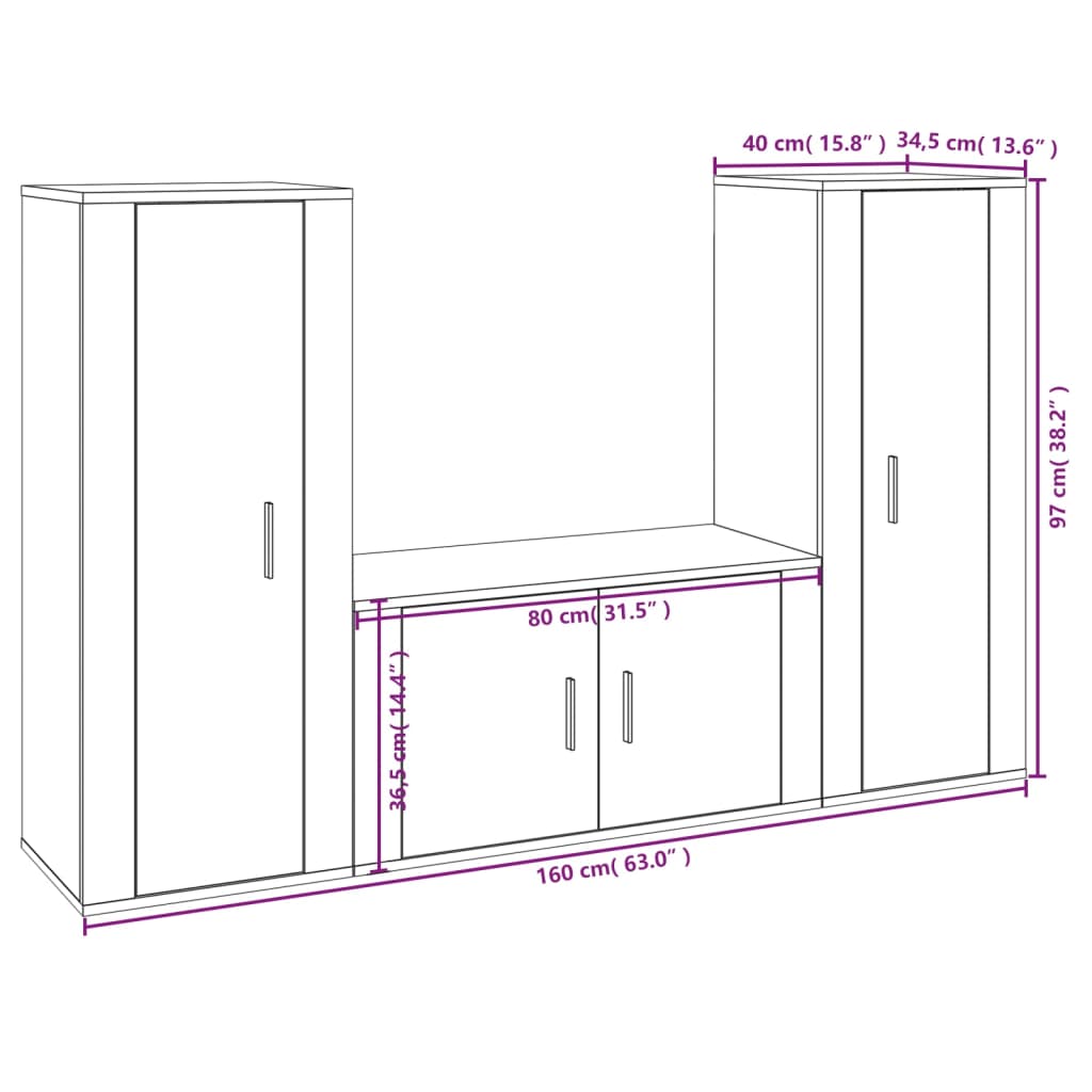 vidaXL 3 Piece TV Cabinet Set High Gloss White Engineered Wood