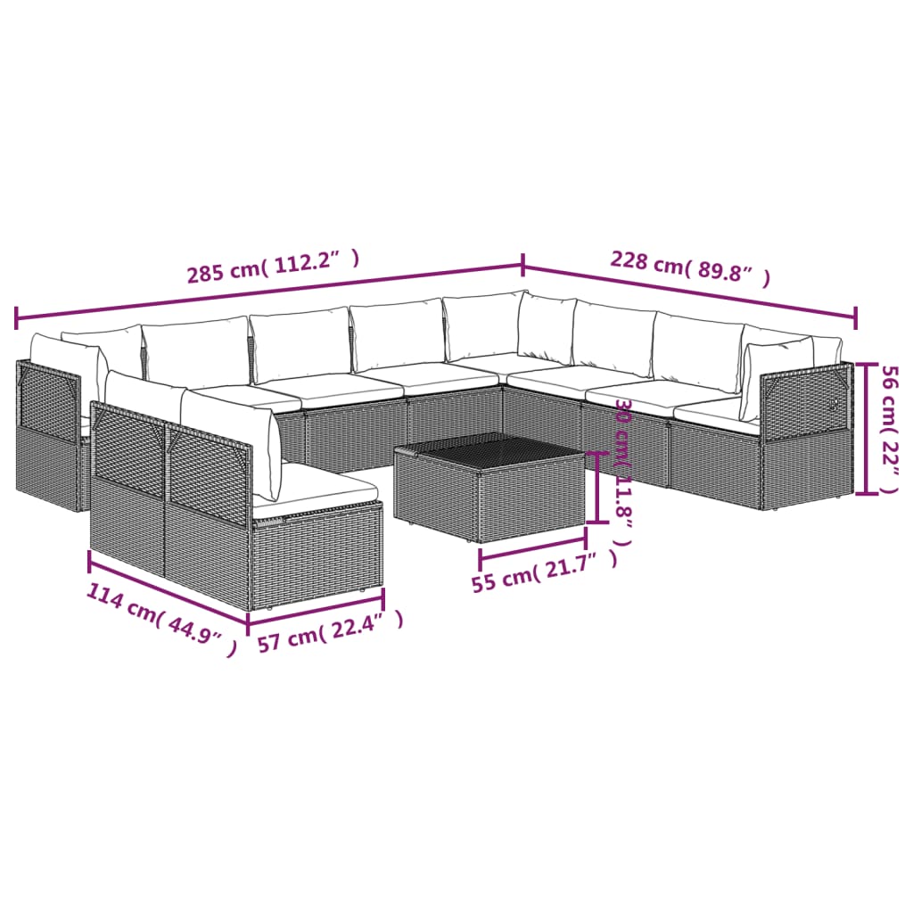 vidaXL 11 Piece Garden Lounge Set with Cushions Grey Poly Rattan