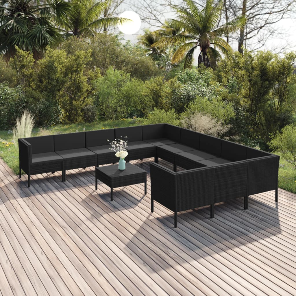 vidaXL 12 Piece Garden Lounge Set with Cushions Poly Rattan Black