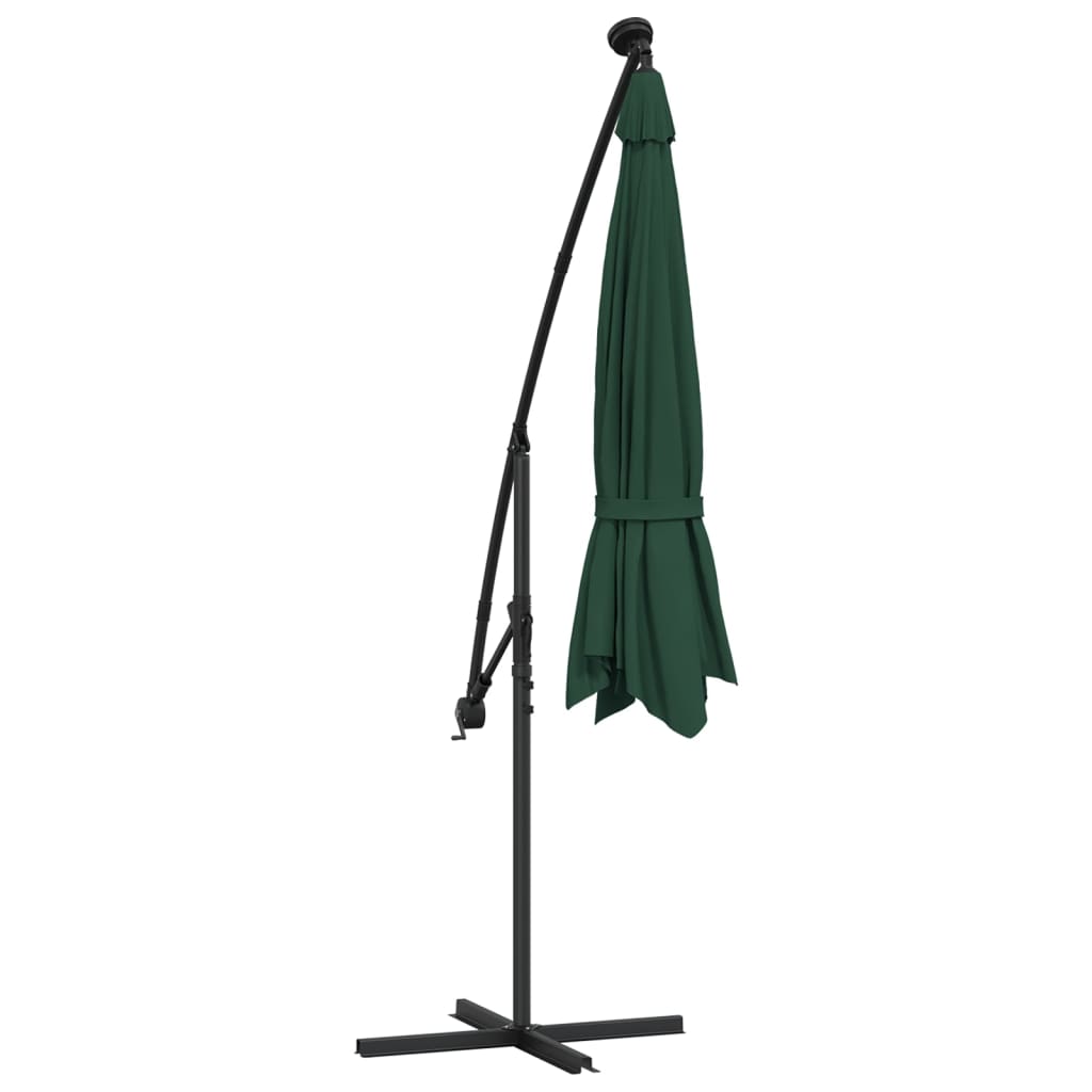 vidaXL Hanging Garden Parasol with LED Lighting 300 cm Green Metal Pole